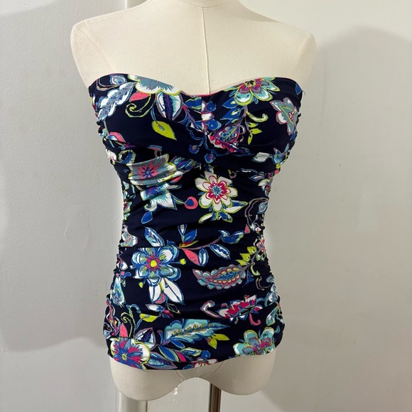 ANNE COLE Women’s Twisted Front Blue Floral Swim Top Tankini Sz S Tropical - Picture 1 of 8